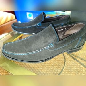 To Boot New York Black suede loafers with blue contrast stitching